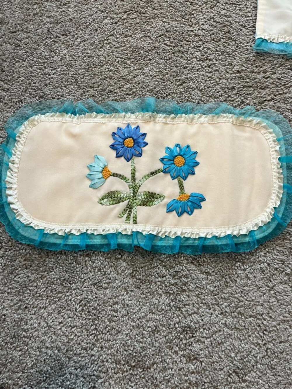Vtg 3-Piece Bathroom Set Ribbon Embroidery Floral Ruffles Teal Blue Grannycore